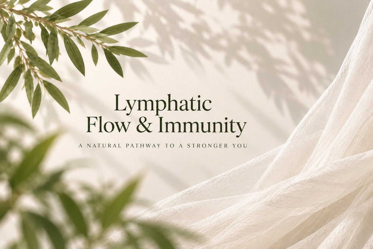 Lymphatic Flow & Immunity with flowing fabric and natural greenery representing healthy flow and wellbeing