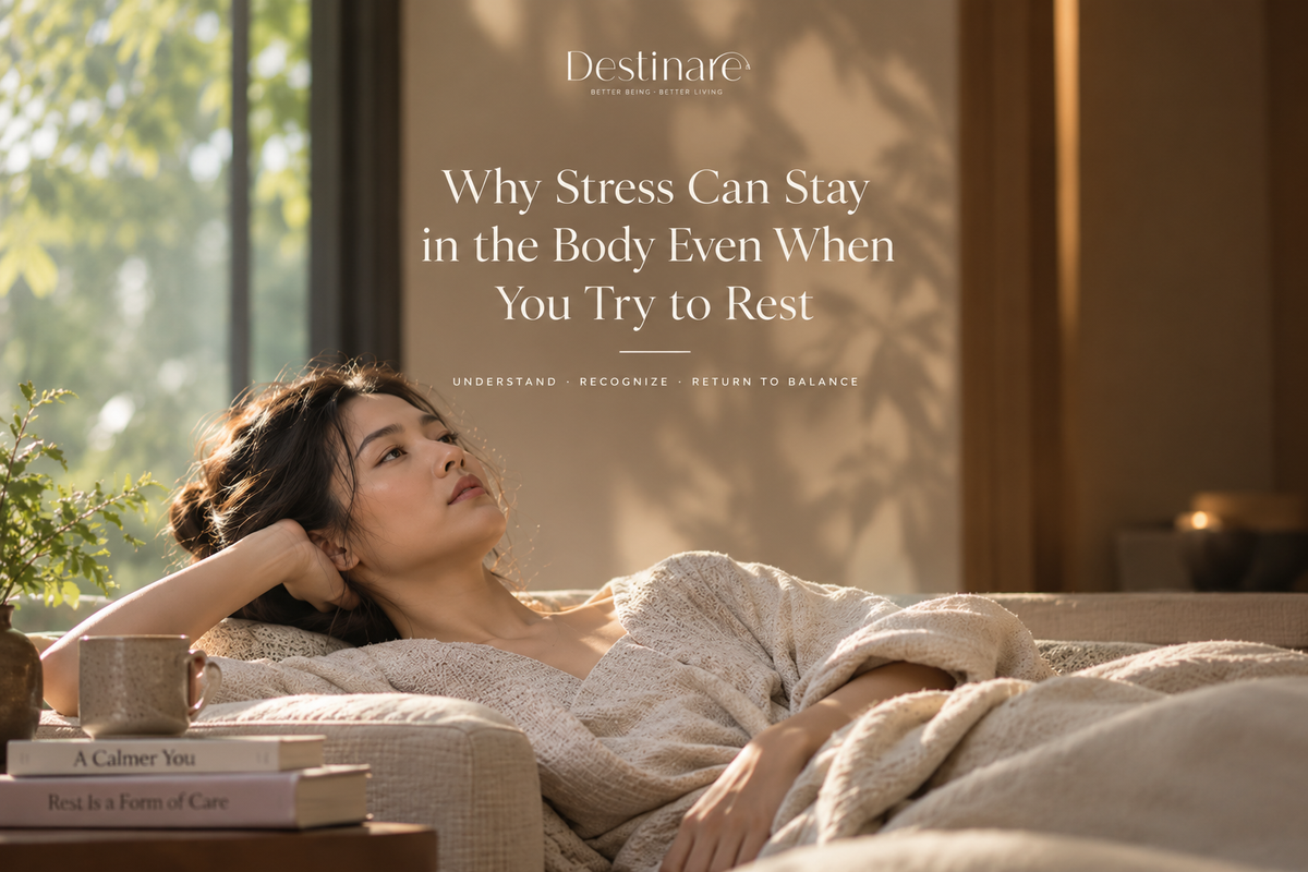 Woman resting in a calm, sunlit setting for Destinare article about stress, relaxation and nervous system recovery