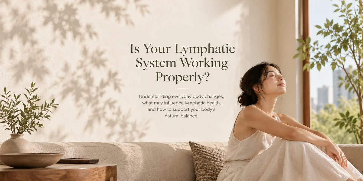 Asian woman relaxing in a sunlit wellness setting, illustrating an article about lymphatic system health, body awareness, and natural wellbeing.